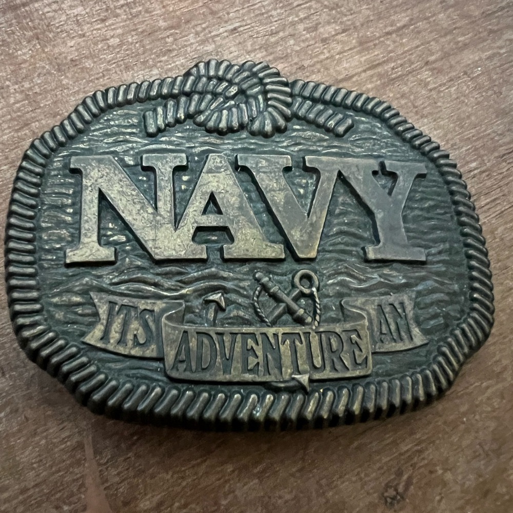 Vintage US NAVY "Its An Adventure" Belt Buckle Rope Waves Anchor United States